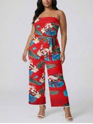 Flowers Tropical Leaf Print Pocket Hawaii Jumpsuit With Removable Belt and Shoulder Straps -  