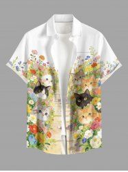 Colorful Flower Cute Cat Print Hawaii Button Pocket Shirt For Men -  