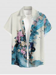 Japanese Style Wave Flower Print Hawaii Button Pocket Shirt For Men -  