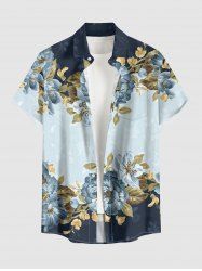 Chemise hawaïenne boutonnée avec poche pour homme, imprimé fleurs et feuilles - Bleu clair S