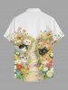 Colorful Flower Cute Cat Print Hawaii Button Pocket Shirt For Men -  