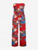 Flowers Tropical Leaf Print Pocket Hawaii Jumpsuit With Removable Belt and Shoulder Straps -  