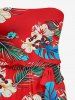 Flowers Tropical Leaf Print Pocket Hawaii Jumpsuit With Removable Belt and Shoulder Straps -  