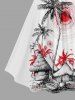 Robe Hawaïenne Imprimée Motif Cocotier, Soleil et Paillote, Froncée avec Lacis et Bretelles Croisées - Blanc 3X