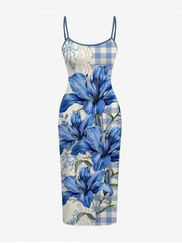 Flowers Leaf Plaid Lace 3D Print Hawaii Fitted Dress - SKY BLUE - 2X