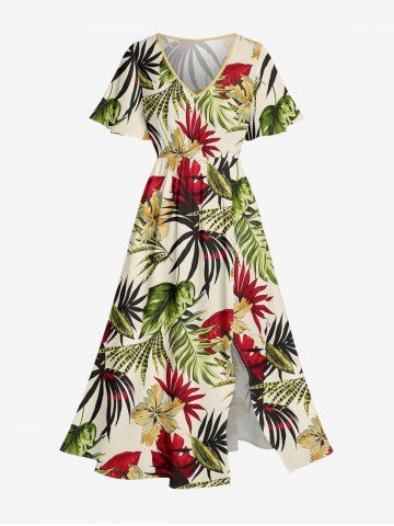 Robe midi hawaïenne fendue imprimé fleurs et feuilles tropicales - PLANT GREEN - 3X