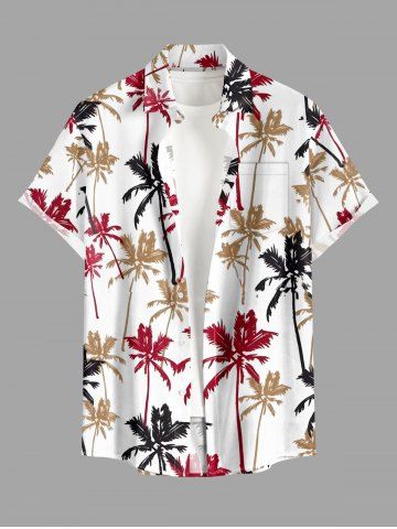 Coconut Tree Print Buttons Pocket Hawaii Shirt For Men - RED WINE - 5XL