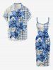 Robe ajustée hawaïenne imprimée 3D fleurs, feuilles, plaid et dentelle - Bleu Ciel S