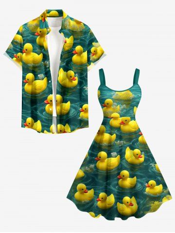 Ensemble de plage hawaïen assorti pour couples, motif canards et ondulations d'eau - YELLOW