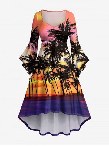 Robe hawaïenne à ourlet asymétrique, manches évasées froncées, imprimé dégradé de nuages et de cocotiers - CORAL PINK - 5X