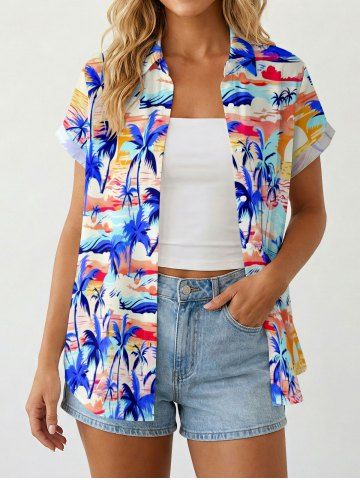 Coconut Tree Sun Sea Waves Print Hawaii Women Shirt - BLUE - 3XL