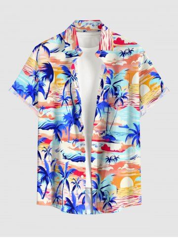 Coconut Tree Sun Sea Waves Print Buttons Pocket Hawaii Shirt For Men - BLUE - M