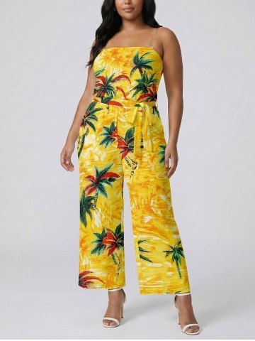Combinaison hawaïenne imprimé cocotier avec poche, ceinture amovible et bretelle d'épaule - YELLOW - L
