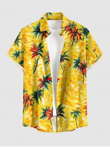 Chemise hawaïenne pour homme à imprimé cocotier, boutons et poche - YELLOW - 2XL