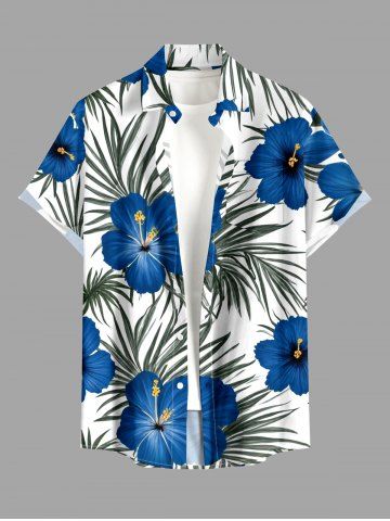 Chemise hawaïenne pour homme avec imprimé fleurs d'hibiscus et feuilles tropicales, boutons et poche - BLUE - 2XL