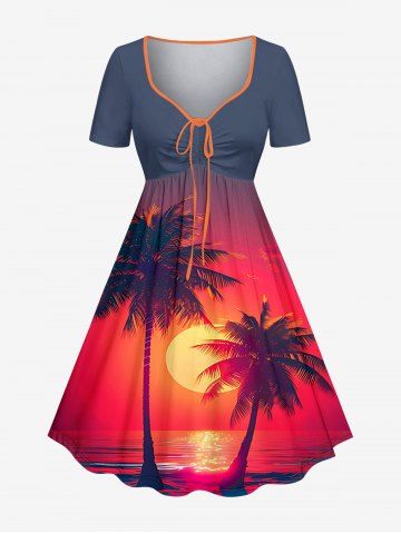 Coconut Tree Sun Ombre Print Cinched Hawaii Dress - RED - S