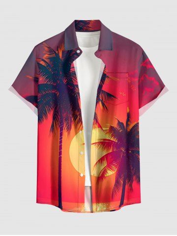 Coconut Tree Sun Ombre Print Buttons Pocket Hawaii Shirt For Men - RED - XL