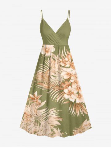 Flower Tropical Leaf Print Surplice Hawaii Cami Dress - OLIVE GREEN - M