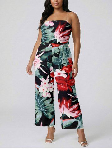 Combinaison Hawaï à poches imprimé fleurs et feuilles avec ceinture amovible et bretelles - DARK TURQUOISE - L