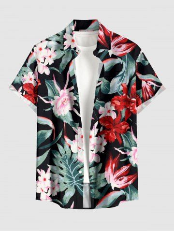 Flowers Leaf Print Buttons Pocket Hawaii Shirt For Men - DARK TURQUOISE - 5XL