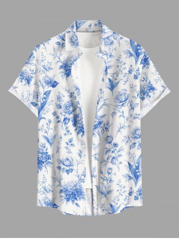 Chemise hawaïenne pour homme à imprimé fleurs et feuilles de rose, boutons et poche - LIGHT BLUE - L