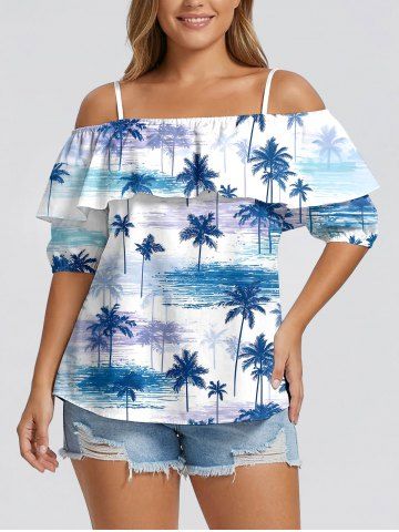 Coconut Tree Tie Dye Print Cold Shoulder Ruffles Cover Hawaii Blouse - LIGHT BLUE - S