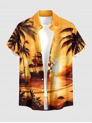 Coconut Tree Ship Seascape Print Buttons Pocket Hawaii Shirt For Men -  