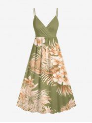 Flower Tropical Leaf Print Surplice Hawaii Cami Dress -  