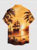 Coconut Tree Ship Seascape Print Buttons Pocket Hawaii Shirt For Men -  