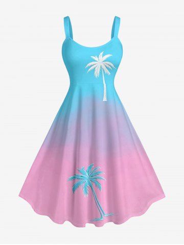 Coconut Tree Ombre Print Hawaii Tank Dress(Adjustable Shoulder Strap) - PINK - XXS