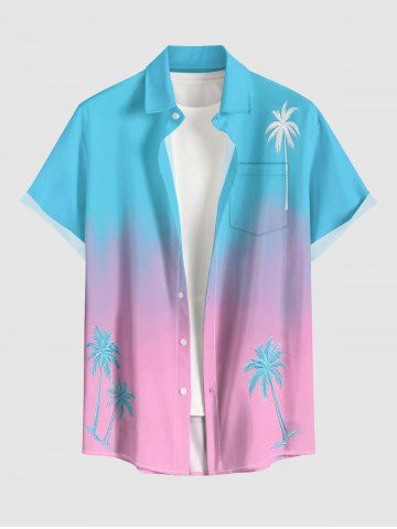 Coconut Tree Ombre Print Buttons Pocket Hawaii Shirt For Men - PINK - 4XL