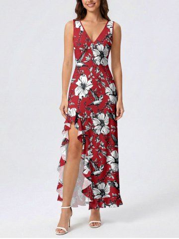 Flowers Leaf Bird Print Hawaii Ruffles Split Surplice Dress - RED WINE - XS