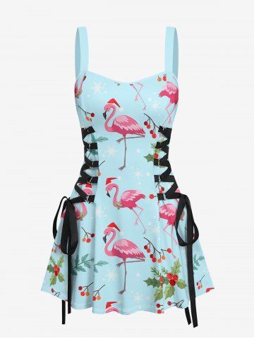Flamingo Fruit Leaf Print Lace Up Hawaii Tank Dress - LIGHT BLUE - XS