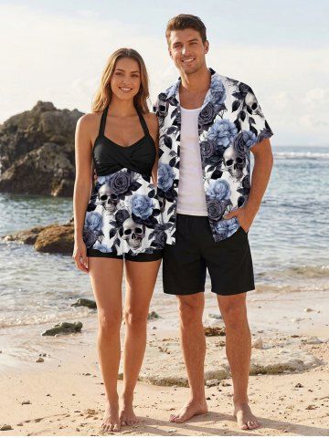 Skulls Rose Flower Leaf Print Matching Hawaii Beach Outfit For Couples
