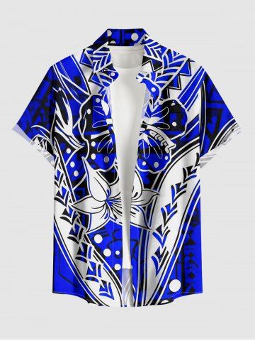 Hibiscus Flowers Print Buttons Pocket Hawaii Shirt For Men - BLUE - 3XL