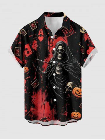 Halloween Pumpkin Skull Poker Paint Splatter Print Buttons Pocket Shirt For Men - DEEP RED - 3XL