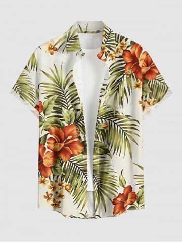 Tropical Leaf Hibiscus Flower Print Hawaii Button Pocket Shirt For Men - DARK ORANGE - 5XL
