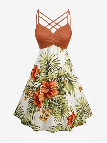 Robe trapèze Hawaï à fines bretelles croisées et fronces, imprimé feuilles tropicales et fleurs d'hibiscus - DARK ORANGE - S