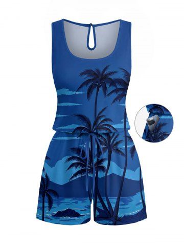 Coconut Tree Sea Print Hawaii Drawstring Pocket Romper - BLUE - 5X