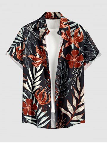 Chemise hawaïenne pour homme à imprimé de feuilles tropicales, branches et fleurs, à boutons avec poche - BLACK - M