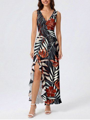 Robe hawaïenne fendue à volants avec imprimé branches, feuilles tropicales et fleurs - BLACK - XXXL