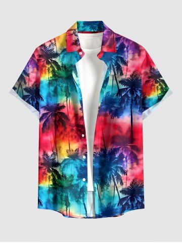 Tie Dye Ombre Coconut Tree Print Hawaii Button Pocket Shirt For Men - RED - 6XL