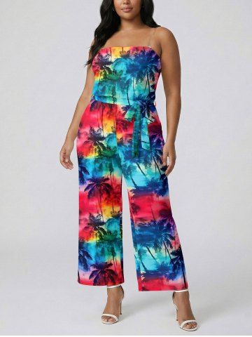 Combinaison hawaïenne à poches, imprimé cocotier tie & dye dégradé, avec ceinture et bretelle d'épaule amovibles - RED - 6X