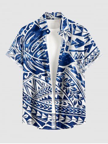 Floral Pattern Tropical Leaf Print Buttons Pocket Hawaii Shirt For Men - CADETBLUE - M