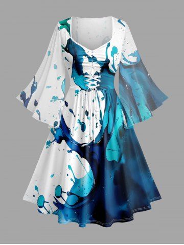 Ink Painting Splatter Print Hawaii Lace Up Ruched A Line Dress - BLUE - 6X