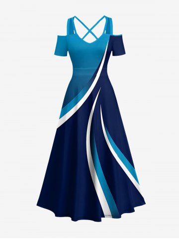 Robe trapèze à épaules dénudées et bretelles croisées, imprimé Hawaï courbes dégradées - DEEP BLUE - 3X