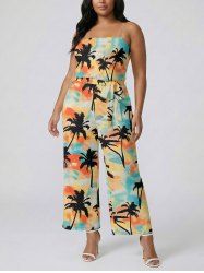 Coconut Tree Tie Dye Print Pocket Hawaii Jumpsuit With Removable Belt and Shoulder Straps -  