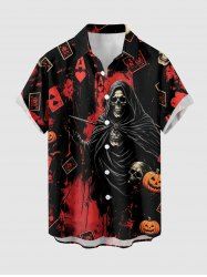 Chemise pour homme à imprimé Halloween citrouille, crâne, poker et éclaboussures de peinture, avec boutons et poche - Rouge foncé M