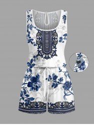 Flower Leaf Branch Ethnic Graphic Print Hawaii Drawstring Pocket Romper -  