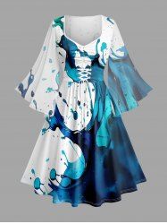 Robe trapèze froncée à laçage avec imprimé Hawaï éclaboussures de peinture à l'encre - Bleu XS